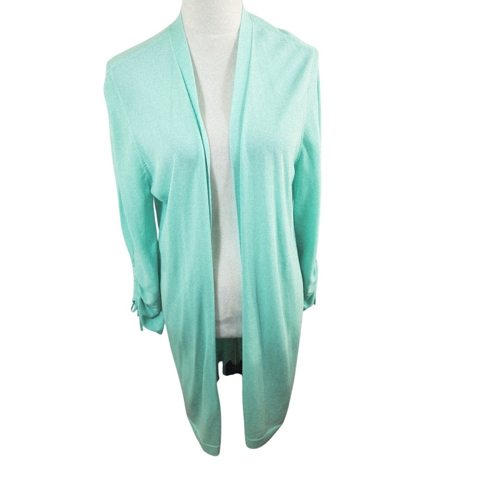 Chico's 2 Seafoam Green Open Front Longline Cardigan Sweater Ruched Sleeve Sz L - Picture 8 of 8